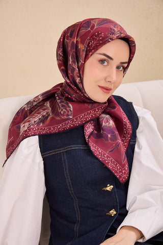 Twill İpek Eşarp Büyük Çiçek Vişne Çürüğü 90x90