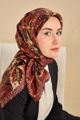 Twill İpek Eşarp Büyük Çiçek Kiremit Bordo 90x90
