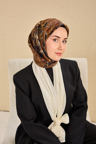 Twill İpek Eşarp Büyük Çiçek Kahverengi 90x90