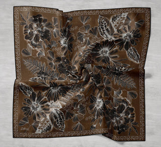 Twill İpek Eşarp Büyük Çiçek Kahverengi 90x90