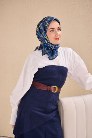 Twill İpek Eşarp Büyük Çiçek Saks 90x90