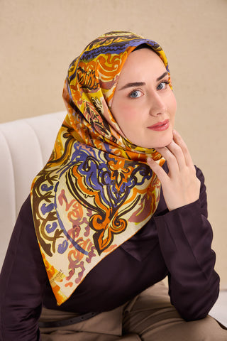 Twill İpek Eşarp Art Desen Turuncu 90x90