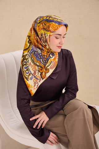 Twill İpek Eşarp Art Desen Turuncu 90x90