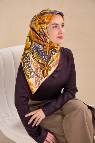 Twill İpek Eşarp Art Desen Turuncu 90x90