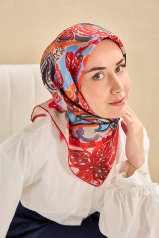 Twill İpek Eşarp Art Desen Kırmızı 90x90