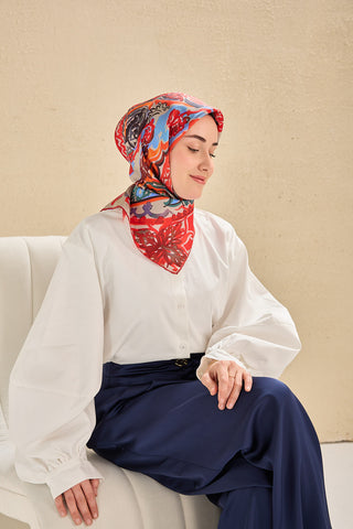 Twill İpek Eşarp Art Desen Kırmızı 90x90