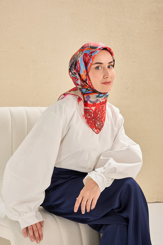 Twill İpek Eşarp Art Desen Kırmızı 90x90