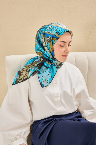 Twill İpek Eşarp Art Desen Turkuaz 90x90
