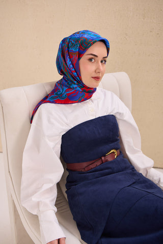 Twill İpek Eşarp Art Desen Saks Mavisi 90x90 - | Silk Home