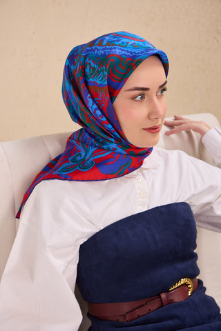 Twill İpek Eşarp Art Desen Saks Mavisi 90x90 - | Silk Home