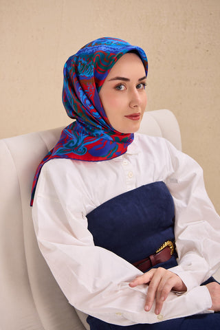 Twill İpek Eşarp Art Desen Saks Mavisi 90x90 - | Silk Home