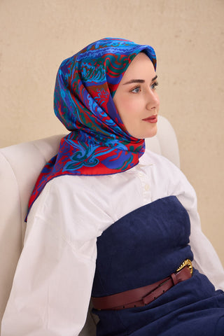 Twill İpek Eşarp Art Desen Saks Mavisi 90x90 - | Silk Home
