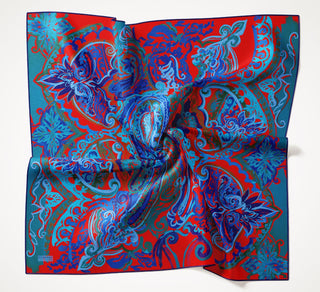 Twill İpek Eşarp Art Desen Saks Mavisi 90x90 - | Silk Home