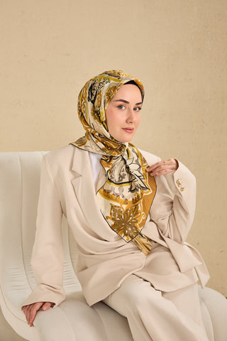 Twill İpek Eşarp Art Desen Krem 90x90