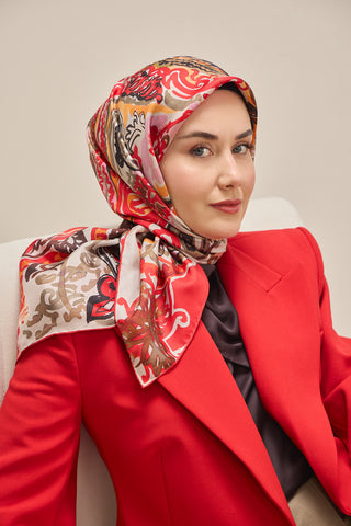Twill İpek Eşarp Art Desen Kırmızı 90x90