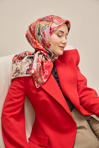 Twill İpek Eşarp Art Desen Kırmızı 90x90