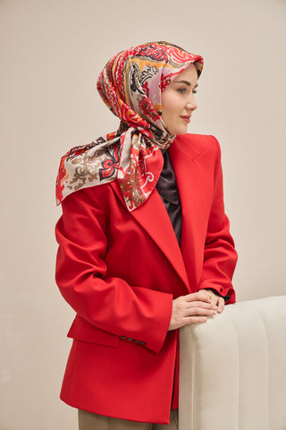 Twill İpek Eşarp Art Desen Kırmızı 90x90