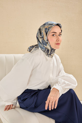 Twill İpek Eşarp Art Desen Bebe Mavi 90x90 - | Silk Home
