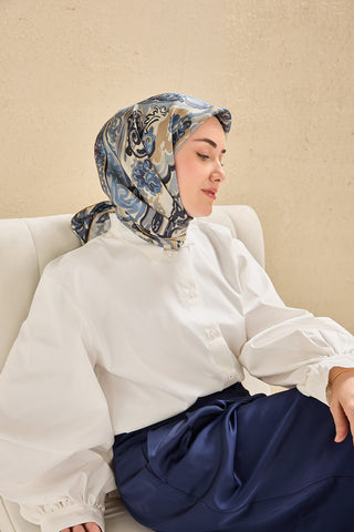 Twill İpek Eşarp Art Desen Bebe Mavi 90x90 - | Silk Home