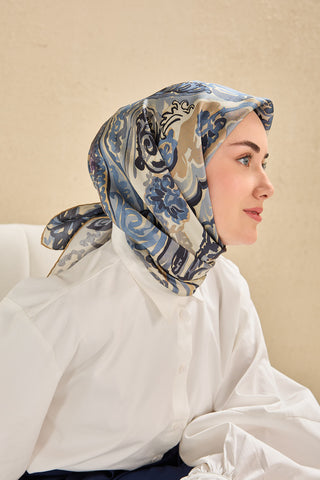 Twill İpek Eşarp Art Desen Bebe Mavi 90x90 - | Silk Home