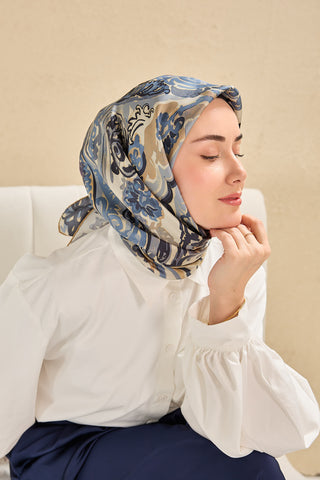 Twill İpek Eşarp Art Desen Bebe Mavi 90x90 - | Silk Home