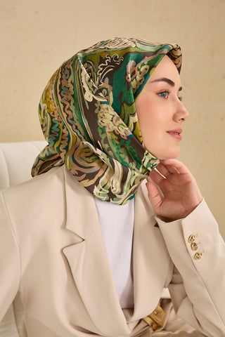 Twill İpek Eşarp Art Desen Koyu Yeşil 90x90