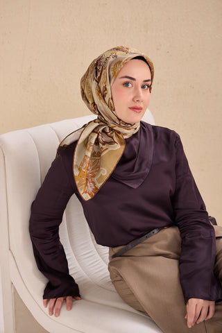 Twill İpek Eşarp Art Desen Koyu Krem 90x90