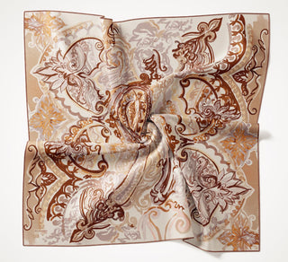 Twill İpek Eşarp Art Desen Koyu Krem 90x90