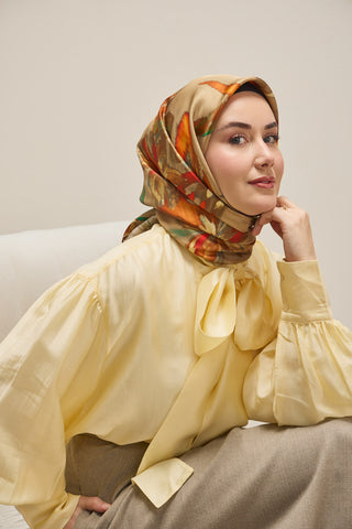 Twill İpek Eşarp Sulu Boya Yeşil Bej 90x90