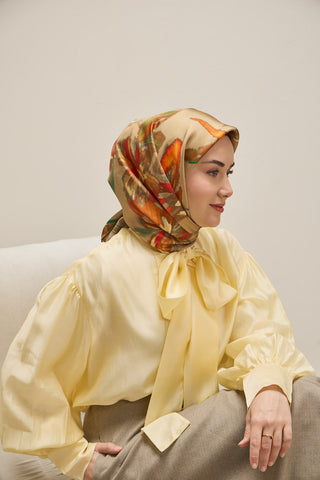 Twill İpek Eşarp Sulu Boya Yeşil Bej 90x90