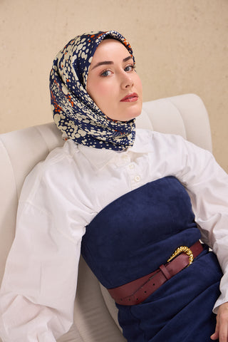 Twill İpek Eşarp Samanyolu Lacivert Turuncu 90x90