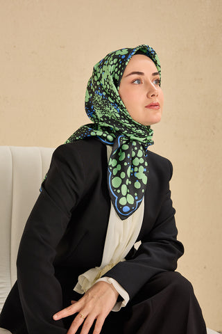 Twill İpek Eşarp Samanyolu Siyah Yeşil 90x90