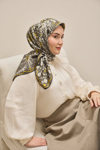 Twill Silk Scarf, Navy Blue, Green Tones, Patterned, Firm Structure, 90x90 cm.