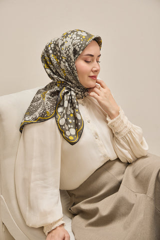 Twill Silk Scarf, Navy Blue, Green Tones, Patterned, Firm Structure, 90x90 cm.