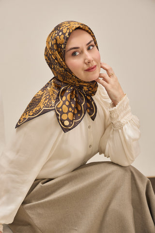 Twill İpek Eşarp Samanyolu Acı Kahve Turuncu 90x90