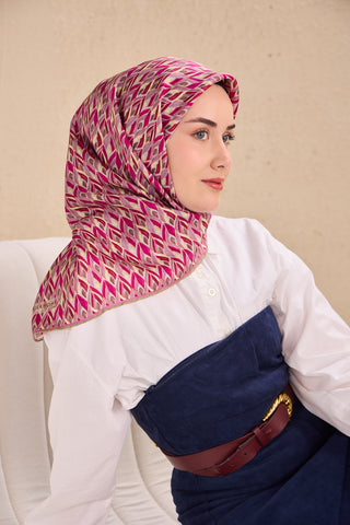 Twill Silk Scarf, Navy Blue, Green Tones, Patterned, Firm Structure, 90x90 cm.