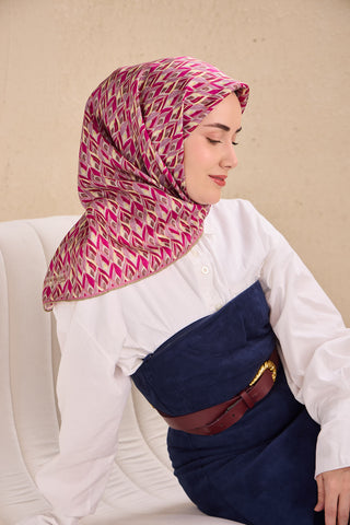 Twill Silk Scarf, Navy Blue, Green Tones, Patterned, Firm Structure, 90x90 cm.