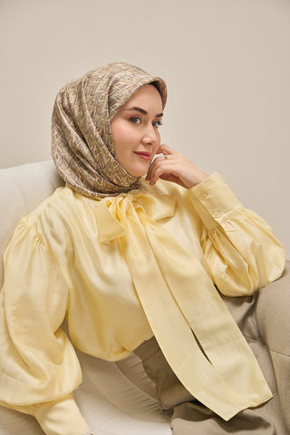 Twill İpek Eşarp Yaprak Ritmi Yeşil Bej 90x90 - | Silk Home