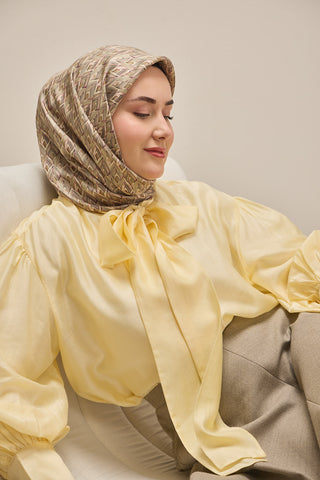 Twill İpek Eşarp Yaprak Ritmi Yeşil Bej 90x90 - | Silk Home