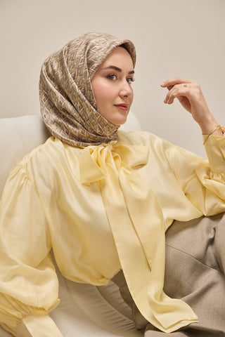 Twill İpek Eşarp Yaprak Ritmi Yeşil Bej 90x90 - | Silk Home