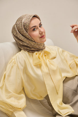Twill İpek Eşarp Yaprak Ritmi Yeşil Bej 90x90 - | Silk Home