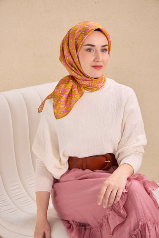Twill İpek Eşarp Yaprak Ritmi Koyu Turuncu 90x90