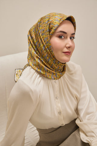 Twill İpek Eşarp Yaprak Ritmi Haki Turuncu 90x90