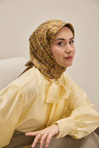 Twill İpek Eşarp Yaprak Ritmi Taba 90x90