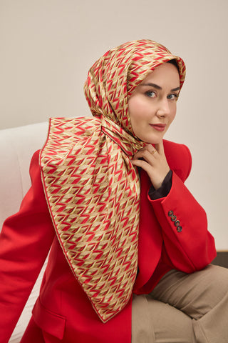 Twill İpek Eşarp Yaprak Ritmi Kırmızı Krem 90x90