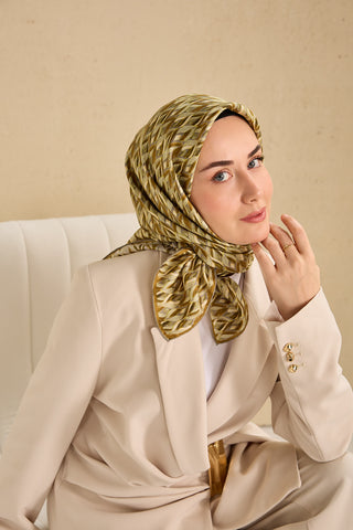 Twill İpek Eşarp Yaprak Ritmi Haki Gri 90x90