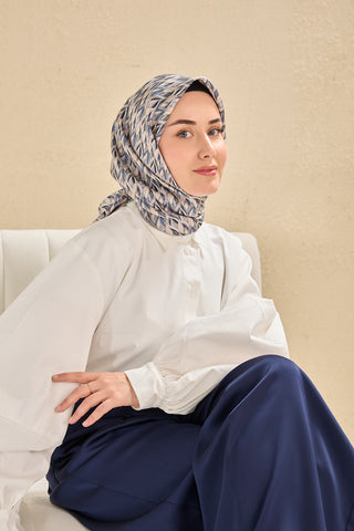 Twill İpek Eşarp Yaprak Ritmi İndigo 90x90 - | Silk Home