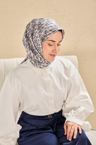 Twill İpek Eşarp Yaprak Ritmi İndigo 90x90 - | Silk Home