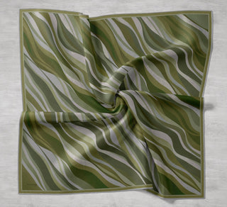 Twill Silk Scarf, Navy Blue, Green Tones, Patterned, Firm Structure, 90x90 cm.