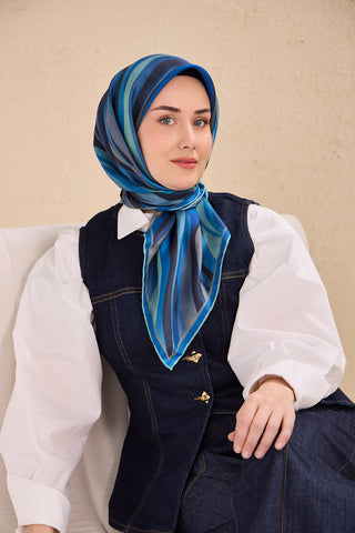Twill İpek Eşarp Kıvrımlı Şerit Koyu Mavi 90x90 - | Silk Home